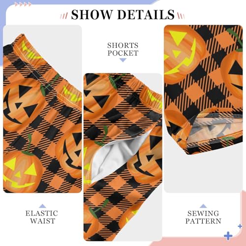 Halloween Pumpkin Plaid Print Boys Long Pants Soft Trousers Elastic Waist Kids Lounge Bottoms with Pockets S-XL4