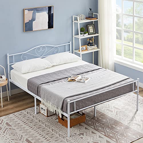 Vecelo 14 Inch Full Size Metal Platform Bed Frame With Headboard And Footboard, Heavy Duty Mattress Foundation With Steel Slats Support, No Box Spring Needed, White #TOP5