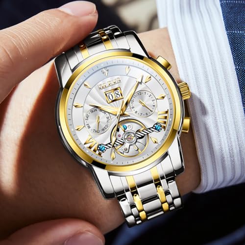 Image of OLEVS Watches for Men Automatic Skeleton 5 Hands Mechanical Luxury Watch Classic Calendar Stainless Steel Waterproof Mens Wrist Watch