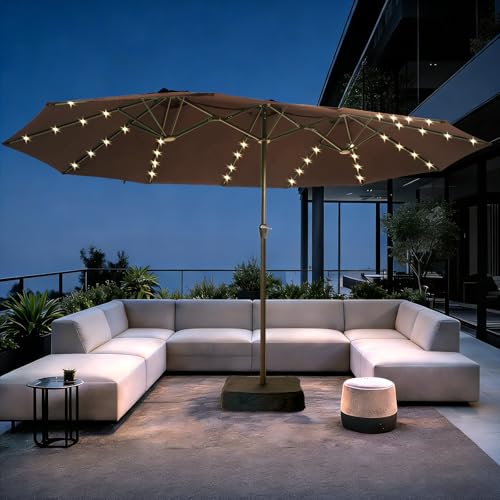 Ayge 15FT Large Patio Umbrella with Solar Lights, Double-Sided Outdoor Market Rectangle Umbrellas with 48 LED Lights, Umbrella Base Included for Pool,