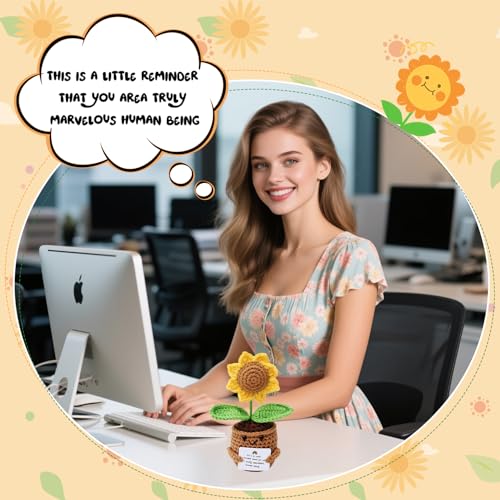Image of BendJoy Positive Crochet Sunflower | Handmade Emotional Support Crochet Flower Pot | Crochet Gifts for Home, Office Desk & Car Dashboard Decor