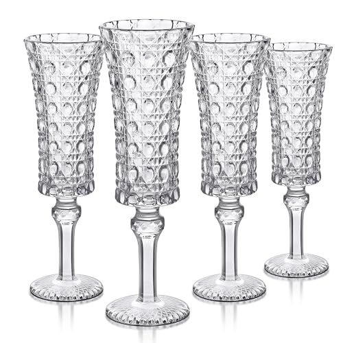 Joeyan 120ml Vintage Sektgläser 4er set, 4 oz Geprägte Champagner Gläser für Cava Prosecco, Gravur Sektkelche mit Diamantge Pattern Relief, Dekorative Stielgläser Sektflöten für Bars Zuhause Party