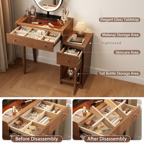 Image of AnywaysWood Luxury 100% Solid Wood Vanity Desk Mid-Century Modern Wooden Makeup Table with Glass Top & Ambient Light, 2-in-1 Vanity and Nightstand with Storage Cabinet for Bedroom (Desk)