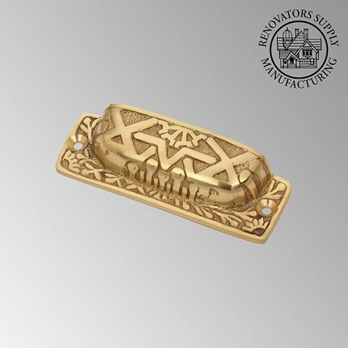 Miniatura 10 de Renovators Supply Manufacturing Tiradores de gabinete de 3 34 pulgadas, tiradores de latón antiguo estilo azteca para cajones con accesorios de