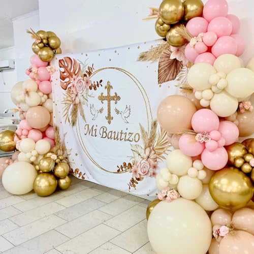 Image of First Communion Balloon Garland Kit 153Pcs, Girl Baptism Balloon, First Holy Communion Decorations, Different Size Pink Gold White Balloon for First Holy Communion Baptism Theme Party Decor