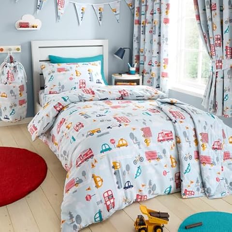 Happy Linen Company Girls Boys Kids Road Trip Transport Cars Blue Double Reversible Soft Easy Care Bed Linen Duvet Cover Quilt Bedding Set With Pillow Cases Cover