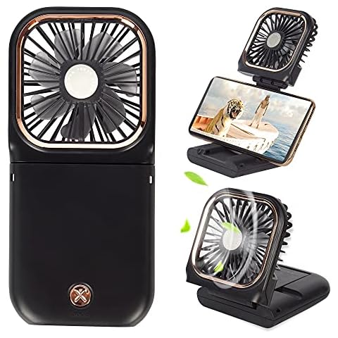 Portable Mini Fan Small Battery Operated Fan 5 in 1 as Power Bank,Phone Holder,Handheld Fan,Desk Fan, USB Rechargeable Personal Hand Fans,3000 mAh Power Bank,3 Speed Adjustable, Neck lanyard, Black Cover