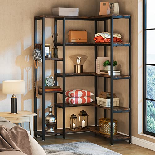TIYASE 5-Shelf Corner Bookshelf, Modern Large Corner Etagere Bookcase, 5-Tier Tall Corner Shelf Display Storage Rack with Metal Frame for Living Room Home Office, Rustic Brown