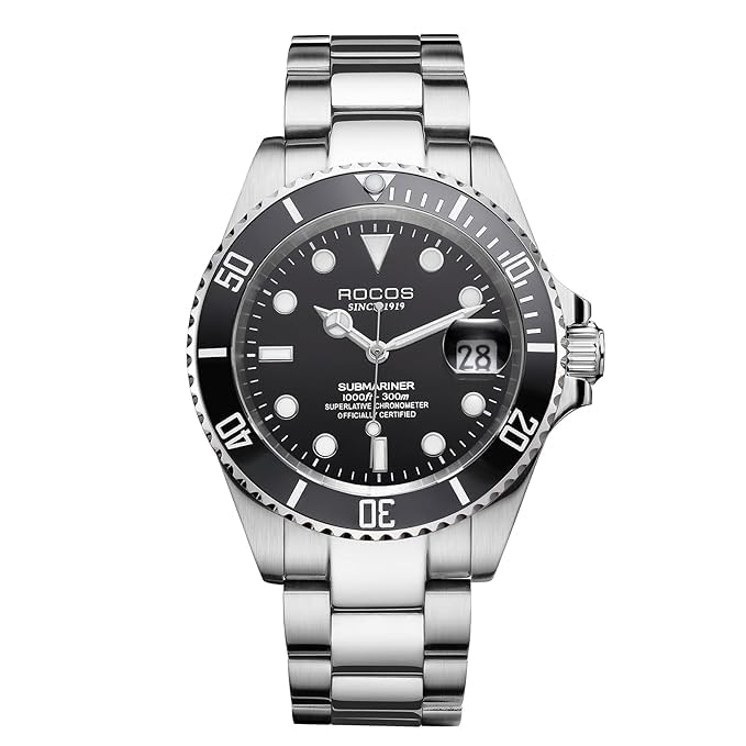 Image of ROCOSJEWE Men Analogue Silver Band Automatic Mechanical Watch Black /Green Dial Ceramic Bezel Waterproof Wristwatch Luminous Calendar Display Stainless Steel Adjustable Strap Gifts R0158Green