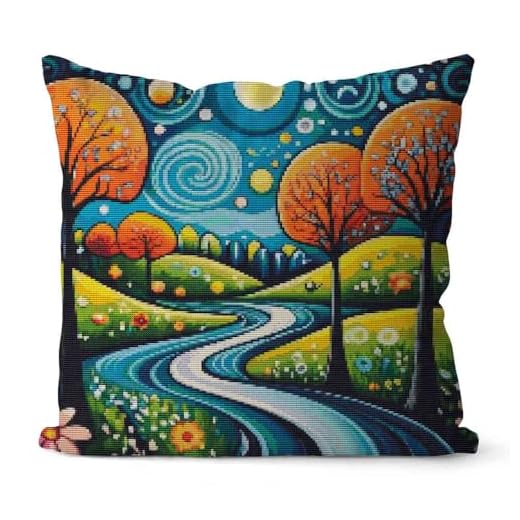 Huacan Kreuzstich Kissen Set Vorgedruckt Landschaft Kissenbezug DIY Gebastelt Stickset ohne Kissenkern für Anfänger Erwachsene 45x45cm