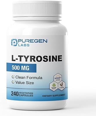 Puregen Labs L-Tyrosine 500 mg, 240 Vegetable Capsules | No Harmful Additives | Non-GMO, Vegan, Gluten Free, Dairy Free - 240 Servings
