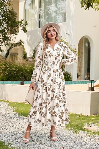 Image of GRACE KARIN Women's Floral Maxi Dress 2026 Fall Long Sleeve V Neck Empire Waist A Line Flowy Dress with Pocket