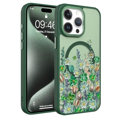Image of Magnetic for iPhone 15 Pro Max Case with for Women, Green Floral | Pretty Oil Painting Flower Pattern Design [Compatible with MagSafe] Shockproof Slim Translucent Matte Non-Slip Cover