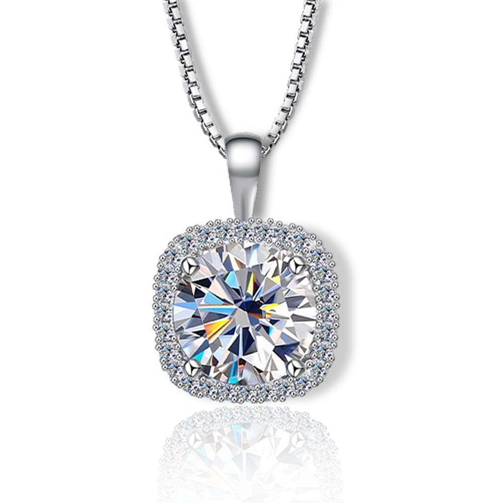 JOLINO Princess-cut Moissanite Necklace for Women,Square Halo Moissanite,925 Sterling Silver Plated with Platinum,Gift for Women,for Valentine's Day,