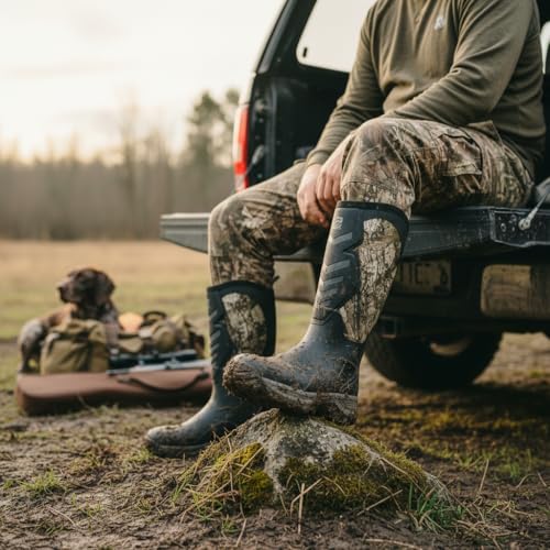Image of WOVENPAK Rubber Boots for Men, Mens Boots Waterproof Insulated Hunting Boots with Steel Shank, Neoprene Rubber Work Mud Boots Outdoor All Season, Size 6-13