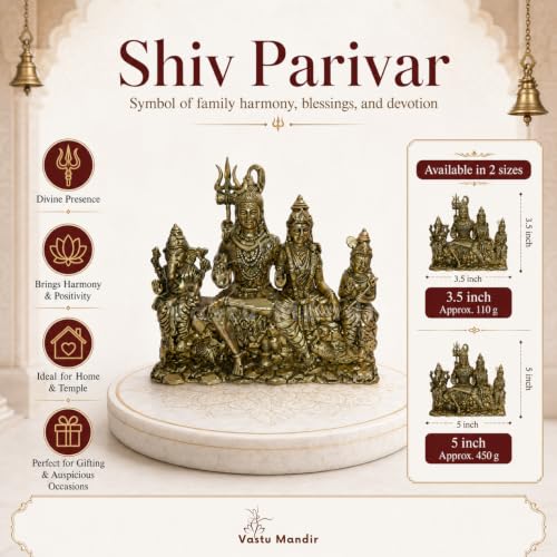 Image of Brass Shiv Parivar Idol, Vastu Remedy for Family Harmony (3.5 Inch, 250 g)
