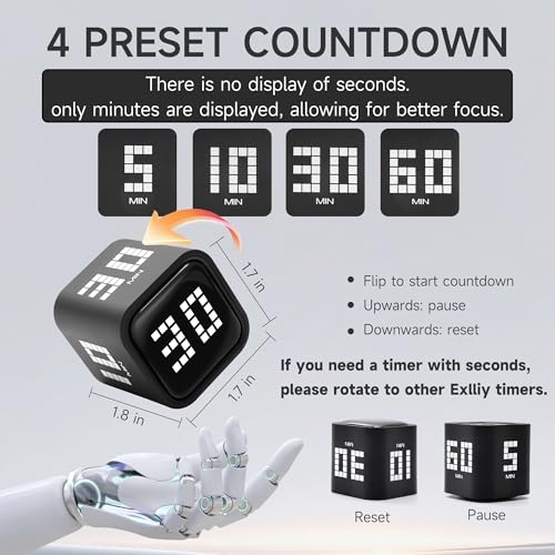 Image of Rotating Productivity Timer 5, 10, 30, 60 Minutes Preset, Desk Cube w /Gravity Sensor for ADHD, Mute Functions, Ideal for Work, Study, Kitchen, Back to School (Black)