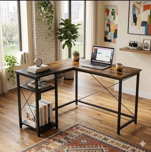 Image of Wooden Computer Table with Metal Shelves | Office Desk | Computer Desk | Kids Table for Kids Room | Office | Library | Study Room | Living Room | Finish Color - Natural Teak Finish |