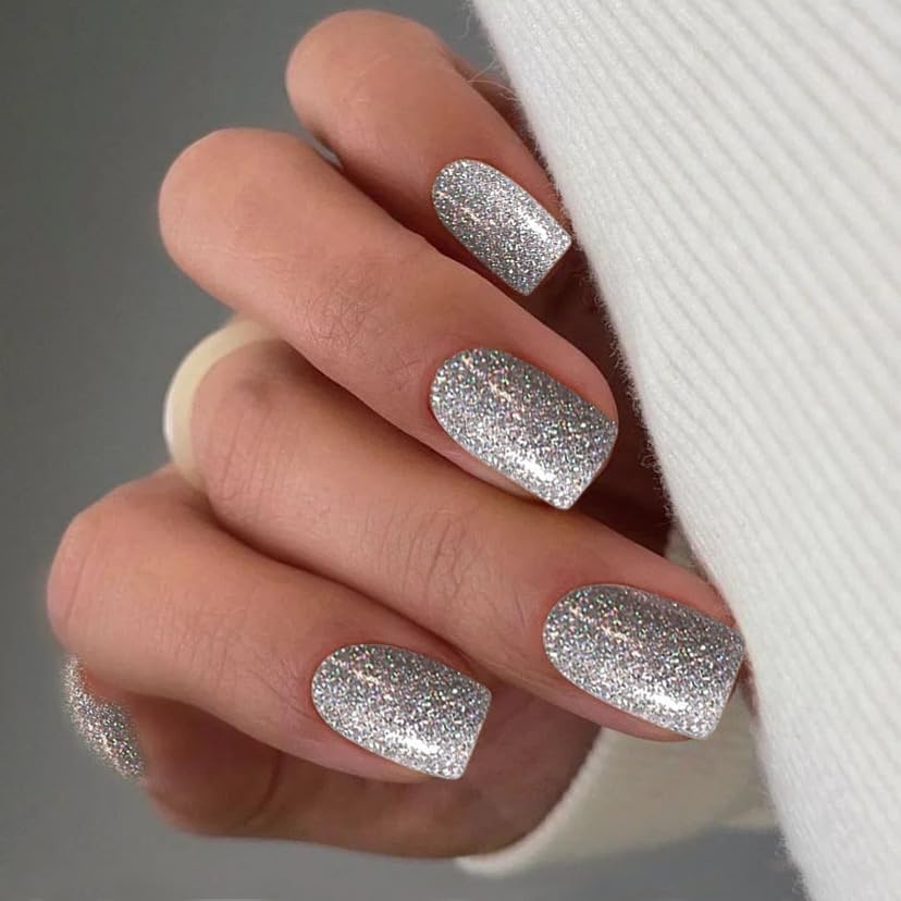 Silver Glitter Press on Nails Short Square Fake Nails Glossy Squoval False Nails with Designs Solid Color Acrylic Nails Set White Glitter Full Cover