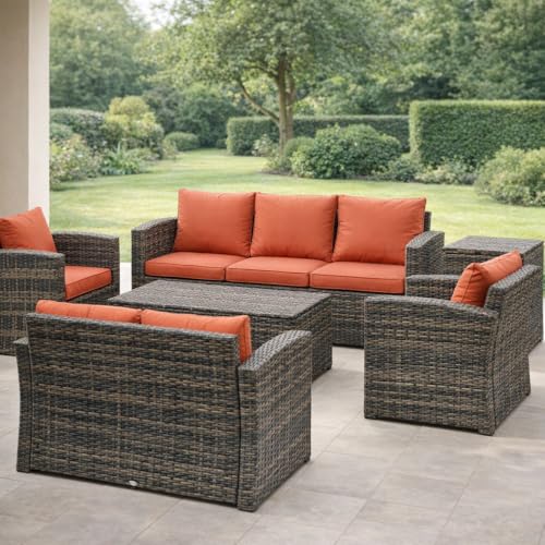dechome - salotto da giardino esterno set mobili 2 divani 2 poltrone e tavolino con cuscini in rattan pe marrone arancione