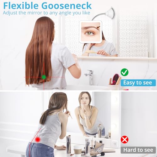 Image of Fabuday Flexible Gooseneck 30X Lighted Magnifying Mirror with Tweezer - Upgraded Rechargeable Makeup Mirror with Lights, LED Travel Mirror with Suction Cup for Bathroom, 3 Color Lighting, Square