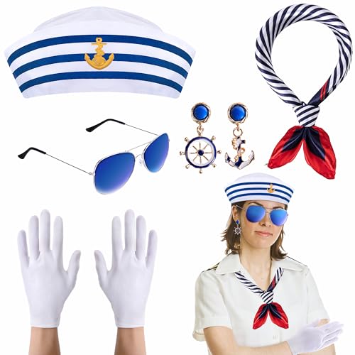 Watayo 5 Pcs Halloween Nautical Sailor Hat and Scarf Cosplay Outfit, Yacht Captain Sailor Cap Scarf Sunglasses Gloves Earrings, Halloween Sailor Costume Accessories for Women Men Dressing Up Party