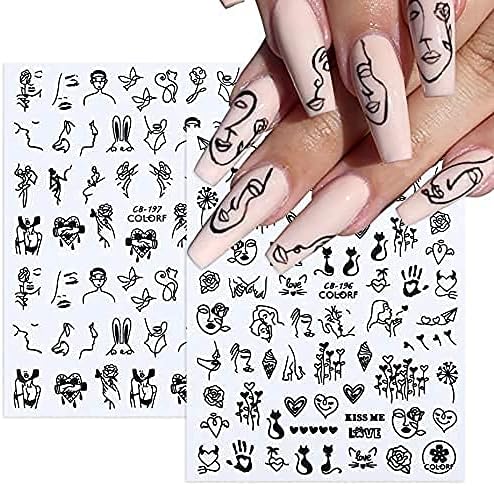 Flower Nail Stickers,Black Rose Nail Art Stickers Decals 3D Self-Adhesive Nail Art Supplies 8 Sheets Flower Abstract Face Unicorn Valentine Nail Art Decorations for Acrylic Nails Manicure Tips