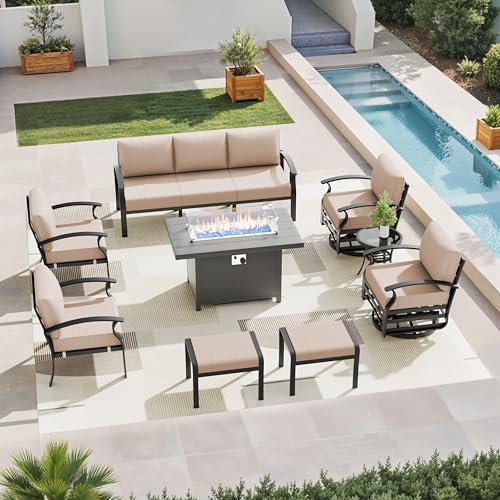 Image of Aluminum Patio Furniture Set with Fire Pit Table, 9 Seats Outdoor Patio Conversation Sets with Swivel Chair Modern Metal Sectional Sofa with Upgrade Cushions for Patio, Backyard - Sand