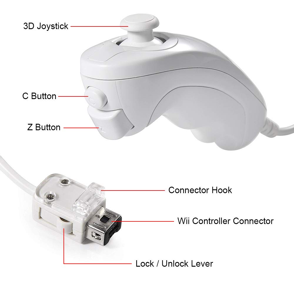 MODESLAB Wii Nunchuck Controller, 2 Pack Nunchuk Controllers Replacement Remote Joystick Gamepad Controller Compatible with Wii Wii U Console