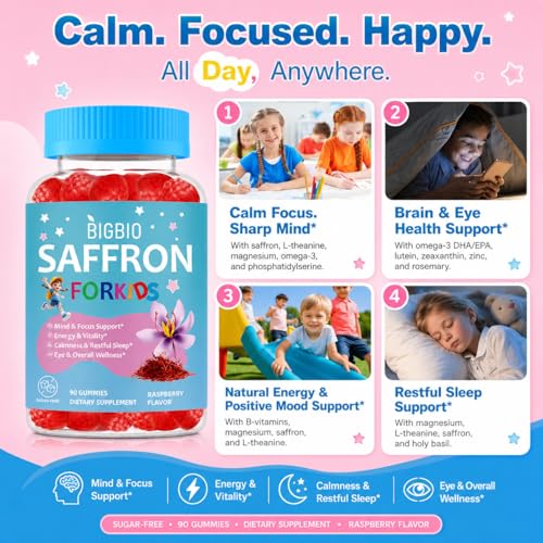 Saffron for Kids, Happy Mood Gummies, Magnesium Glycinate, Omega-3, Holy Basil, L-Theanine, Rosemary, B6, D3 for Calm, Focus, Cognition, Sleep, Sugar Free Saffron Extract Supplement, 90 Gummies — view 4