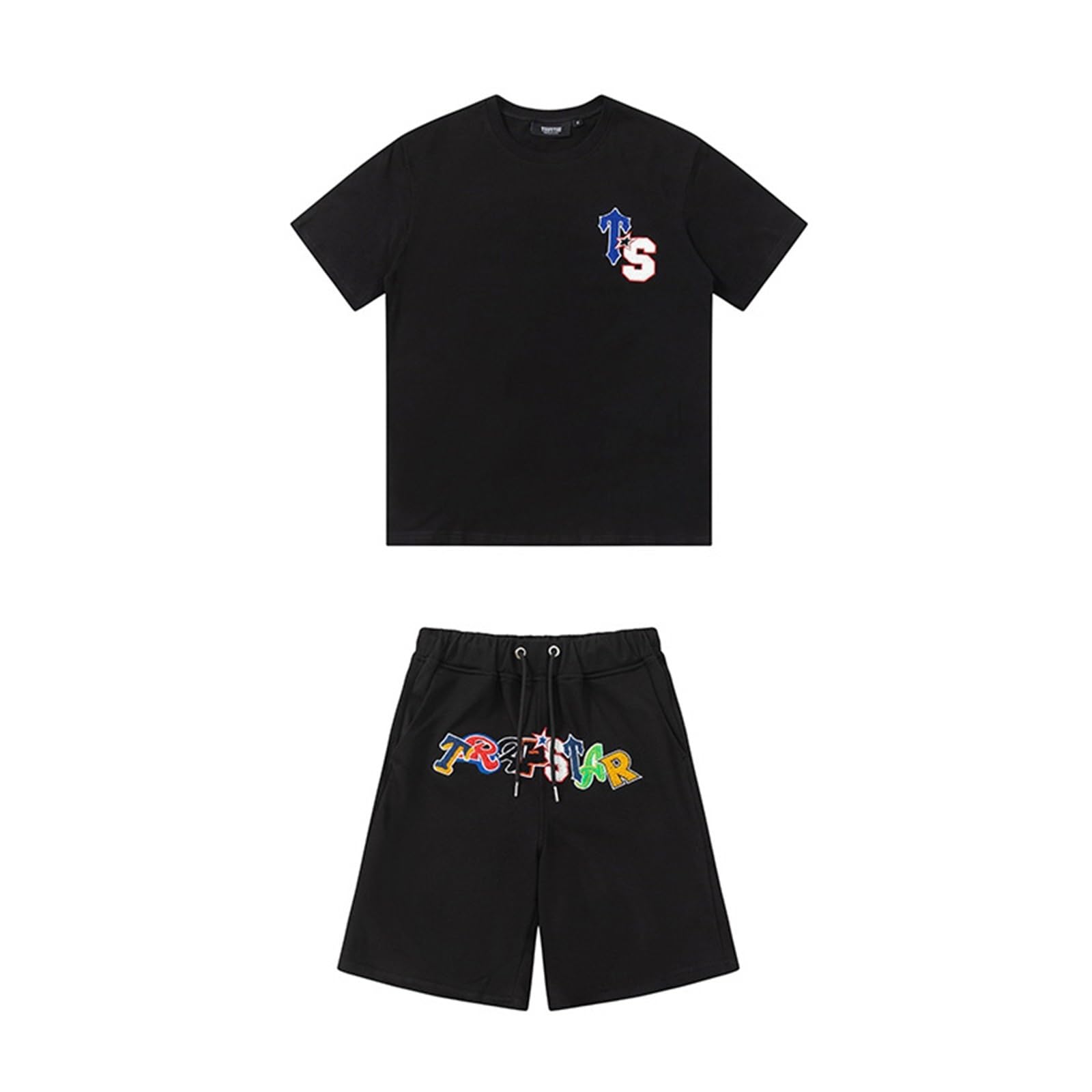 Men's Trapstar Tracksuit, T-Shirt Embroidery, Casual Sweatsuit Shorts, Lightweight Short Trapstar Suit, Sports Summer Trapstar(Black,X-Large)