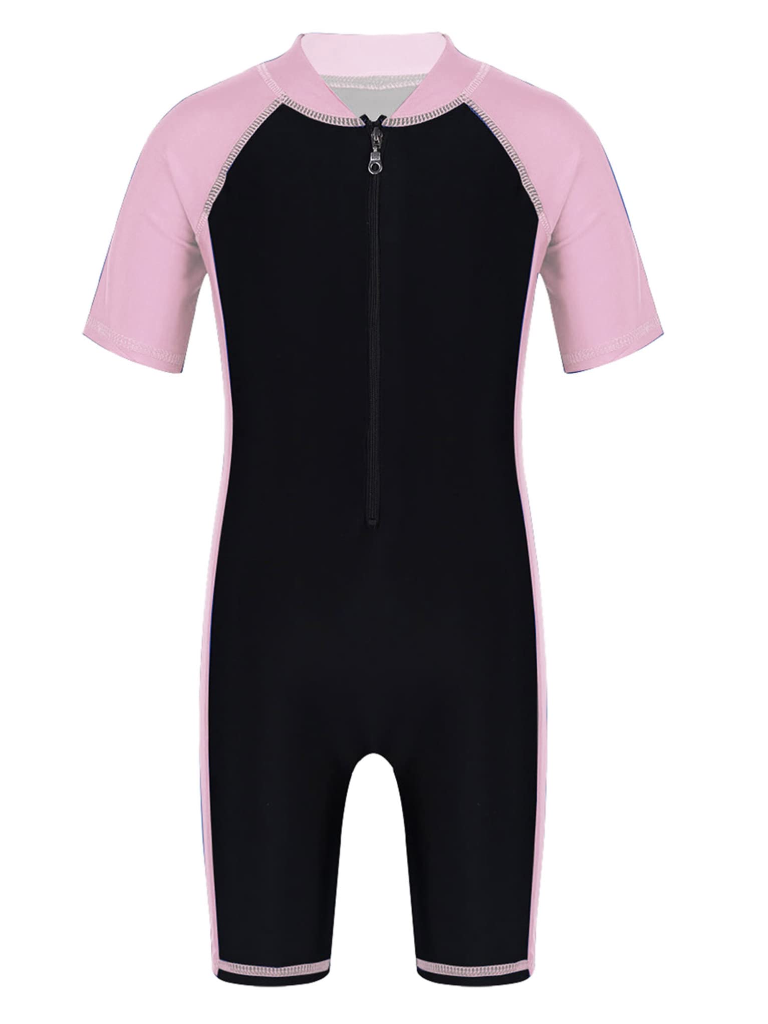 TTAO Kids Boys Girls One Piece Short Sleeves Zippered Rash Guard Shorty Wetsuit Swimsuit Bathing Suit Pink&Black 14 Years
