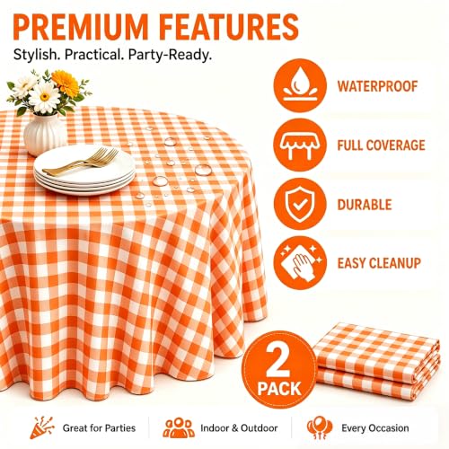 Image of WNINK 2 Pack Orange Gingham Round Tablecloth, 84 Inch Disposable Plastic Table Covers, Orange Checkered Round Table Cover for Birthday Parties, Holiday, Picnic, BBQ, Family Gathering Party Supplies
