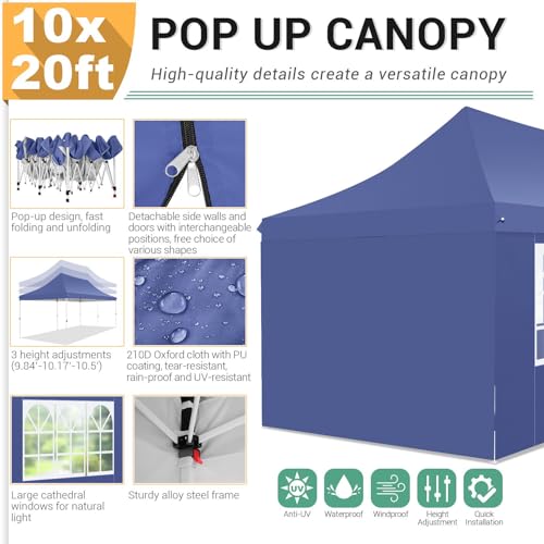 Image of COBIZI 10x20 Pop Up Canopy with 4 Sidewalls, Conical Party Tent 10x20 with 3 Adjustable Height Waterproof, UV-Resistant EZ Outdoor Gazebo with Carry Bag, Sandbag, Stake, Rope for Parties, Commercial