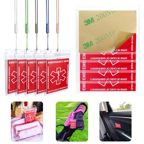 Image of HoHpHq Emergency Contact Card 12 Pack with 10 Card Sleeves - Child ID Card for Car Seat Safety Stickers and Backpack Tags for Kids - Life Alert for Travel,Camping,Medical Fokder,Daycare Essential