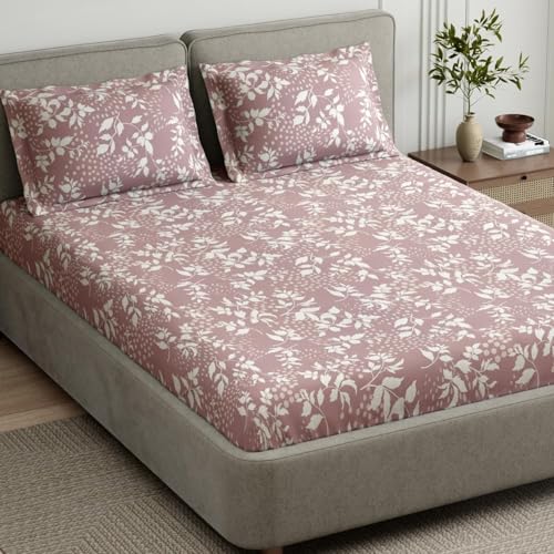 Image of Haus & kinder Double Bedsheet for Queen Size Bed | 90 x 100 Inches 144 TC Cotton Bedsheet for Double Bed with 2 Pillow Covers - Wine Foliage