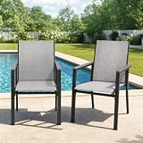 bigget Outdoor Patio Dining Chairs Set of 2, Heavy Duty 450LBS Outdoor Sling Chairs with Armrests, All-Weather Black Powder-Coated Metal & Grey Textilene Outdoor Bistro Chairs for Outside, Porch, Lawn