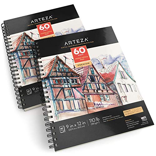 Arteza Mixed Media Sketchbooks, Pack of 2, 9 x 12 Inches, 60Sheet