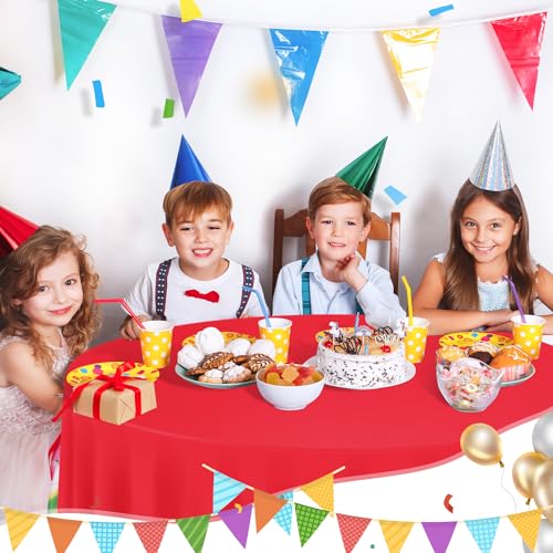 Image of tujol Red 6 Pack Plastic Table Cloth 84 inch, Disposable Round Tablecloth Table Cover, Plastic Tablecloths for Parties