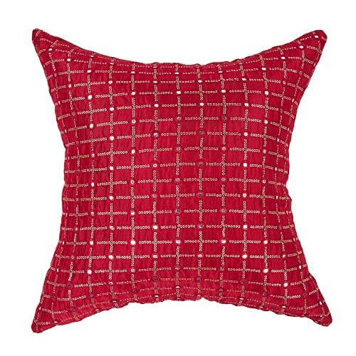 Image of Mirror Work Cushion Covers 20x20 Set of 2, Red Embroidered Silk Pillow Covers, Designer Pillows for Sofa with Sequin Embroidery