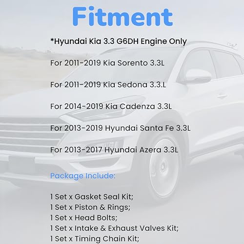 Image of G6DH 3.3L Engine Rebuild Overhaul Kit w /Timing Chain Kit VVT Head Gasket Set Piston Kit Fit for Kia Sorento Sedona Cadenza Hyundai Santa Fe Azera 2011-2019 HSS4761A ES72366 222113C810 23122-3C400