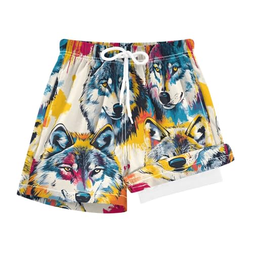 YANENDIE Boy Swim Trunks with Compression Liner Colorful Wolves Boys Swim Shorts Quick Dry Beach Shorts