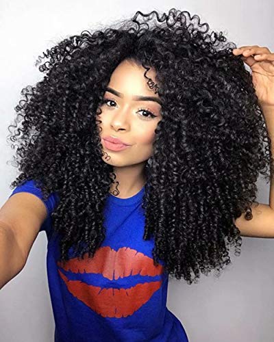 Maxine 18" Short Kinky Curly Wigs for Women Black Virgin Human Afro Wigs with Hair Bangs Natural Curls Wigs,Bouncy Full and 130% Density Natural Color