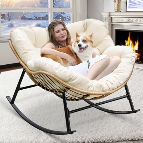 RADIATA Rocking Egg Chair with Thicken Cushion, Water Resistant Cushion Cover, Metal Frame 450 lbs Weight Capacity, for Patio, Porch, Garden, Bedroom (Ivory) Cover
