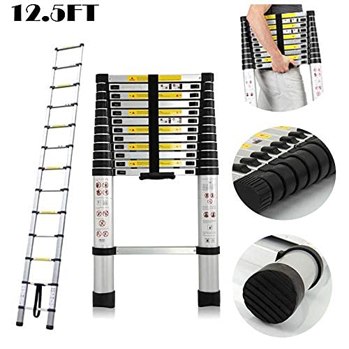 Dicn Telescopic Ladders 3.8M / 12.5Ft Aluminum Extension Ladder 330Lbs Max Load Portable Compact Storage #TOP3