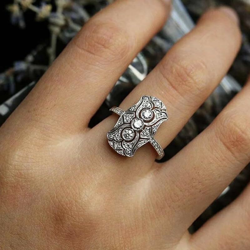 RKKOJJO Retro Vintage 925 Sterling Silver Shiny Full Diamond Gemstone Ring 18K Cubic Zirconia Promise Cocktail Rings Eternity Engagement Wedding Band Ring for Women 10