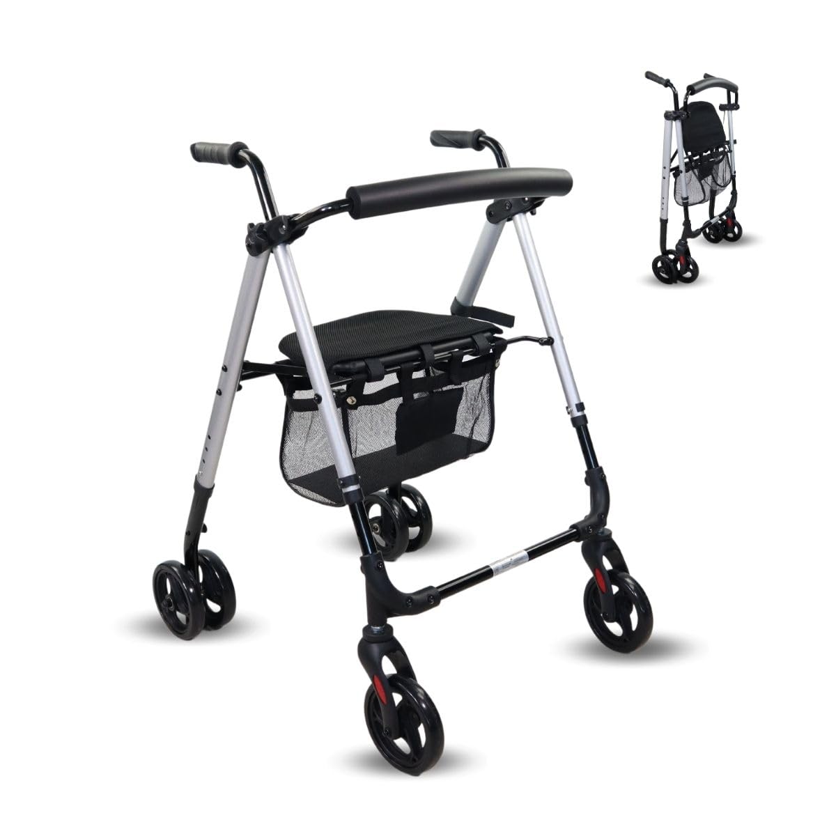 MobiclinicWalker for Adults, Foldable, Lightweight, Seat and Basket XXL, Pole Holders, Height Adjustable, Aluminium, Spanish Brand, Press Brakes, Dehesa, Solid Wheels, Pearl Grey