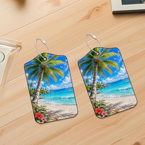 Image of Tropical Beach Palm Tree Luggage Tags 2 Pack, PU Leather