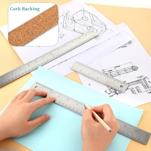 Metal Ruler with Cork Backing 6+12+18 Inch Stainless Steel Metal Ruler Non-Slip Rulers with Inch and Centimeters Straight Edge Cork Base Rulers for Drafting Office Tools, Prevent Ink Leakage - Thumbnail 6