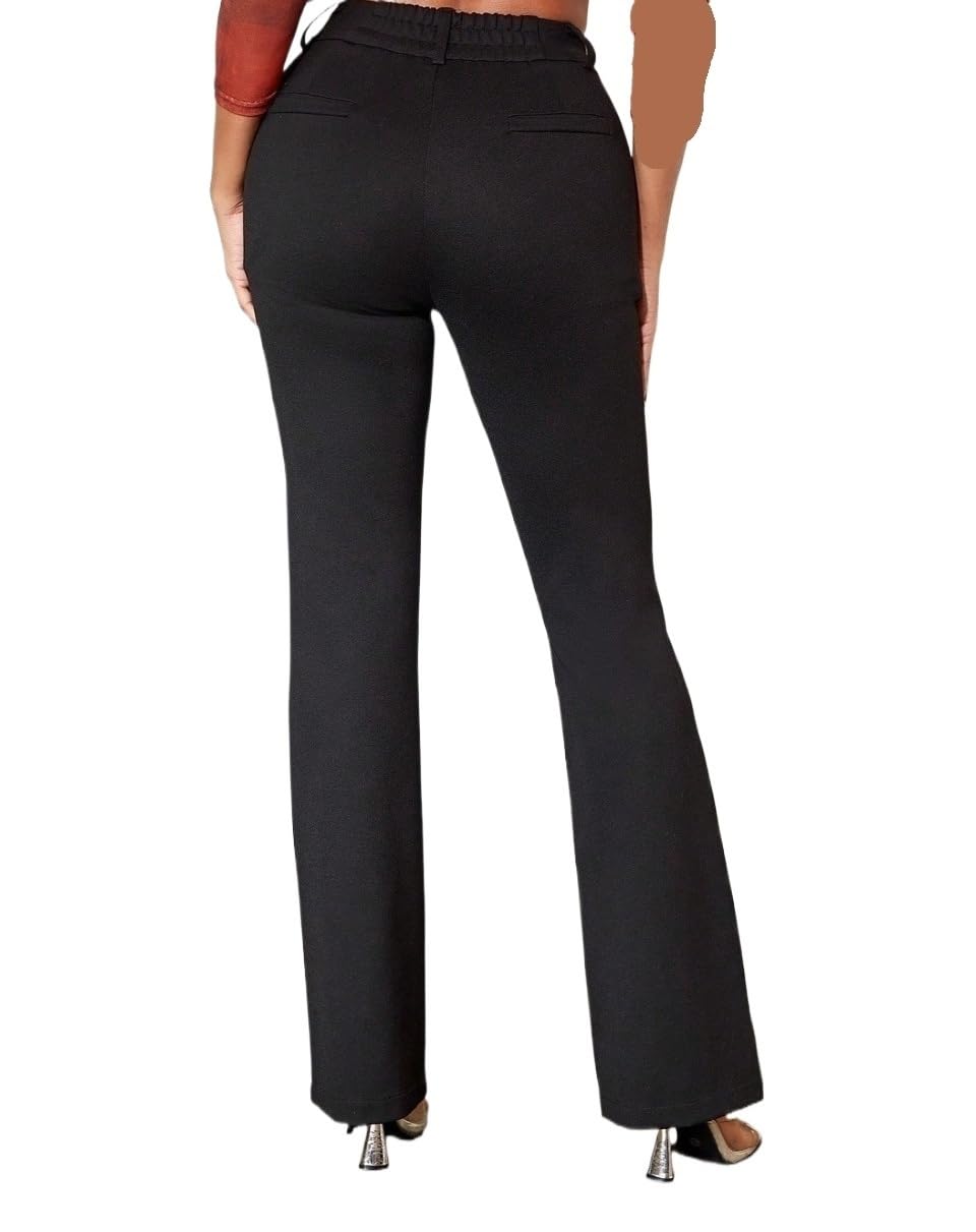 Womens High Straight Pants Elegant Zipper Double Button Slant Pocket Back Elastic Waist Wide X-Small Black